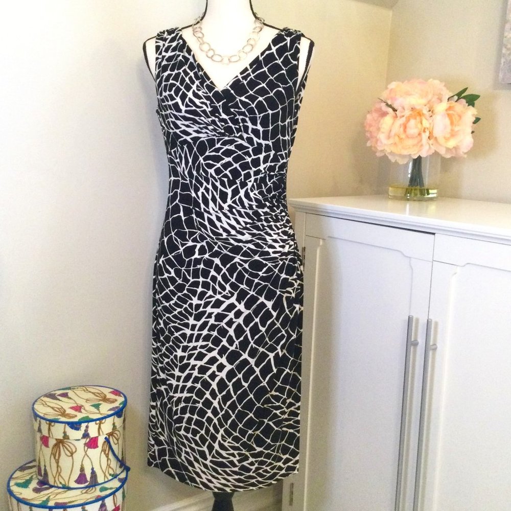Lauren Ralph Lauren, Black & White Abstract Print Faux Wrap Midi Dress, Sz. 8